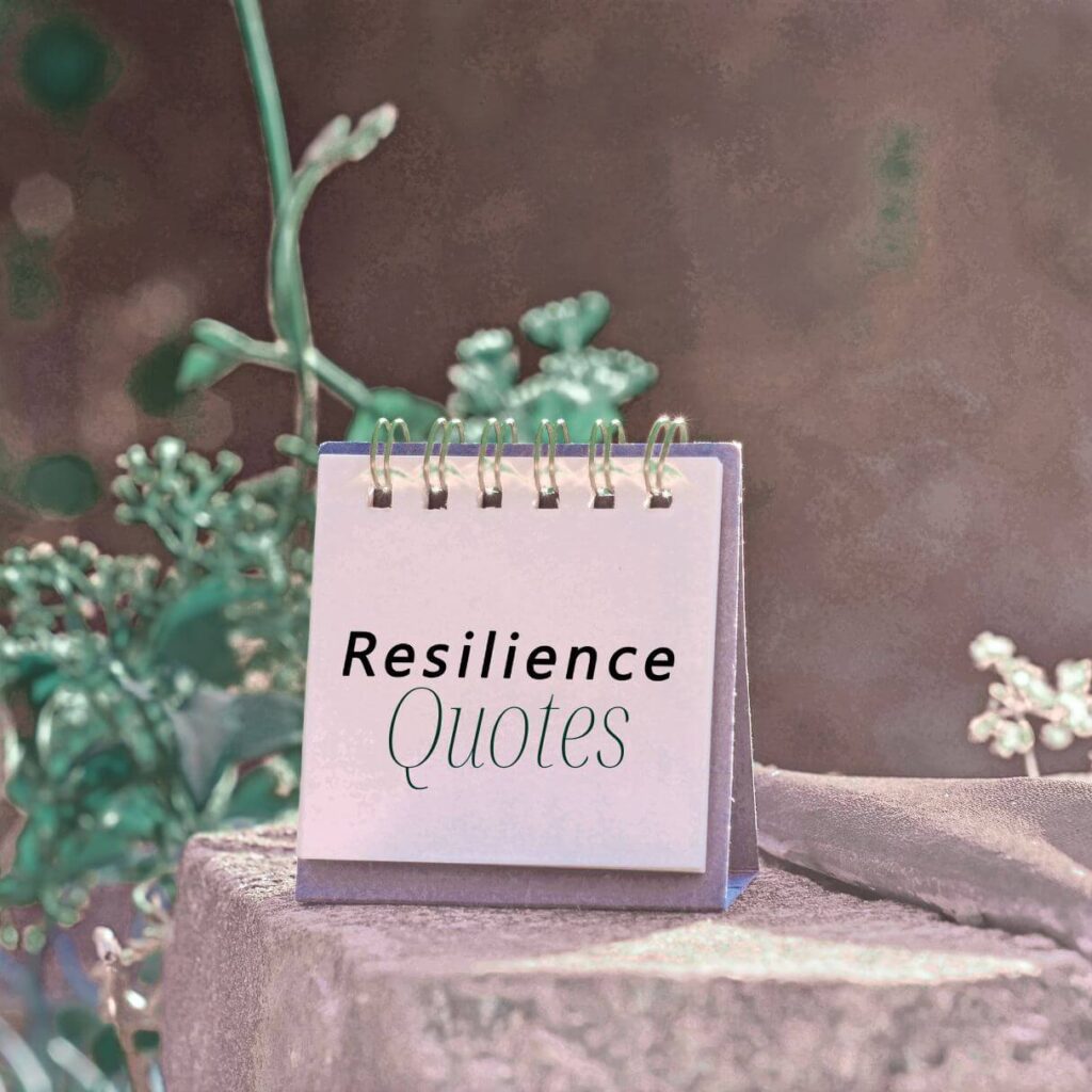 A note pad with the words "Resilience quotes" on the visible page. It sits on a tree stupm with a plant behind it.
