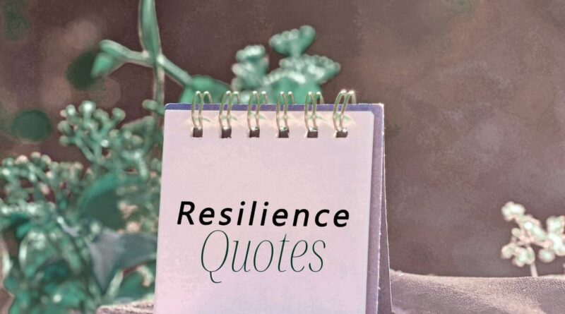 A note pad with the words "Resilience quotes" on the visible page. It sits on a tree stupm with a plant behind it.
