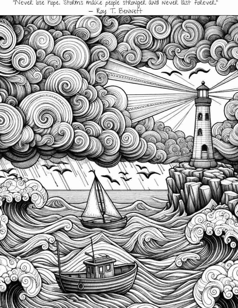 Image of AI-generated adult coloring page with the theme of "hope"- boats on a rocky sea with a shining lighthouse in the distance