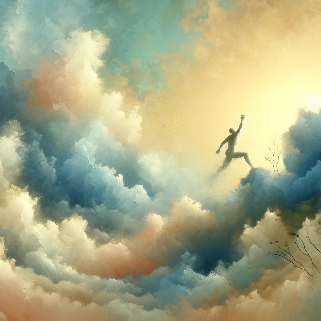 This image features a figure overcoming an obstacle or rising from a challenge, representing the theme of resilience. It is designed with soft, natural colors, creating a serene yet empowering atmosphere.