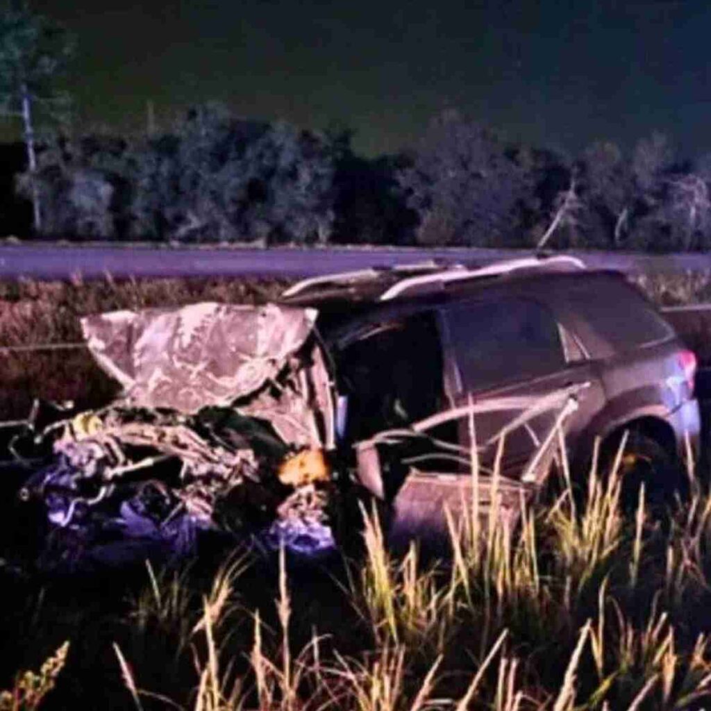A crumpled and destroyed SUV in the ditch after terrible car accident