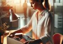 An AI generated image of a female office worker packing a box of personal belongings at her desk, with a soft, reflective mood. The warm lighting emphasizes the emotional weight of losing her job.