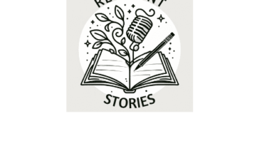 An open book with a pencil writing on the pages. There is a microphone standing up in the center of the book to symbolize using your voice. A small leafy vine is also coming out of the book to signify growth. The logo in a white circle with the words resilient stories around it.