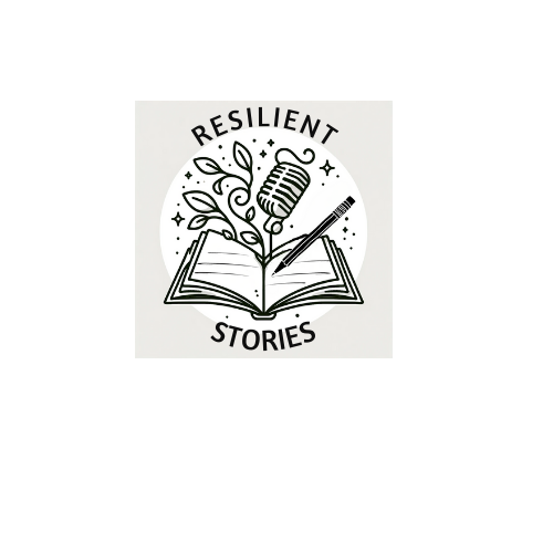 An open book with a pencil writing on the pages. There is a microphone standing up in the center of the book to symbolize using your voice. A small leafy vine is also coming out of the book to signify growth. The logo in a white circle with the words resilient stories around it.
