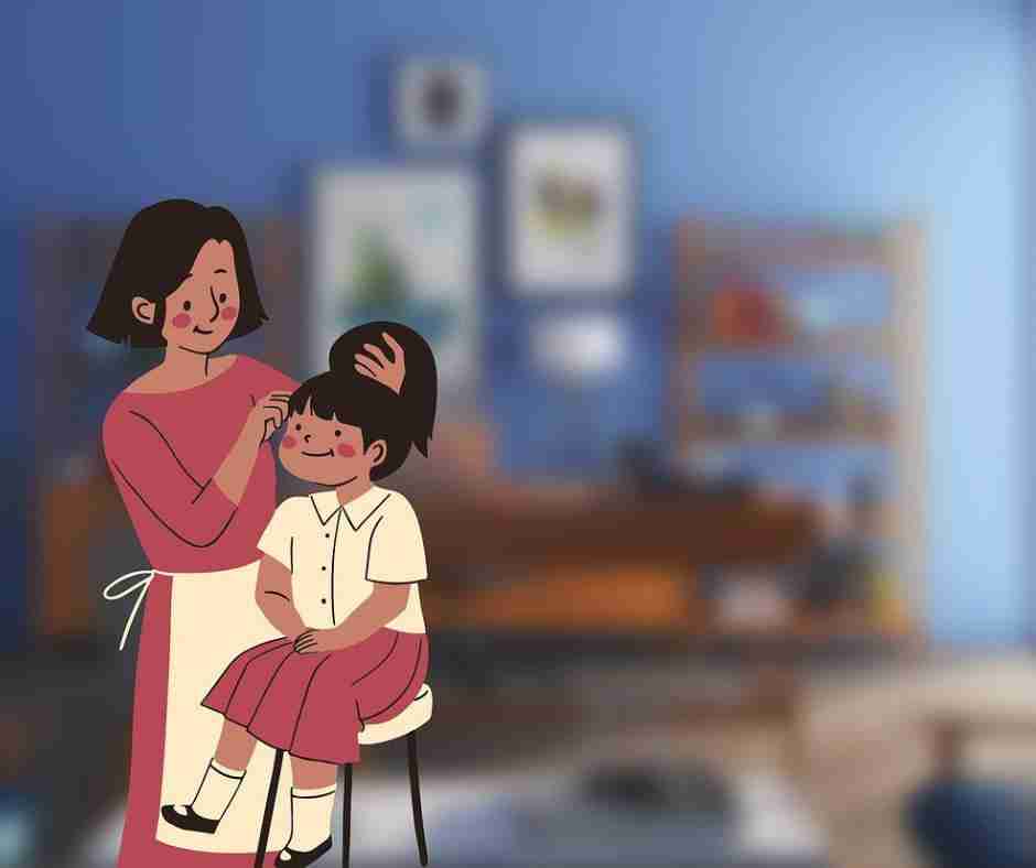 AI-illustration of a mom foster mom doing hair of foster daughter with blurred living room in background