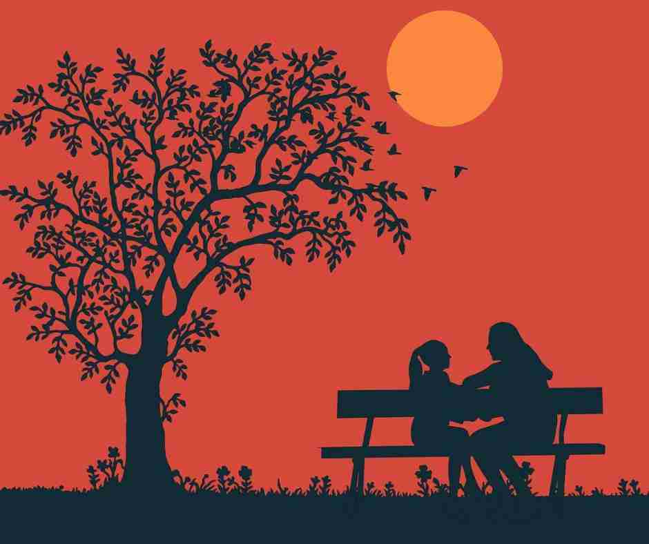 AI-generated image of silhouettes of mother and daughter sitting on a park bench next to a tree during sunset