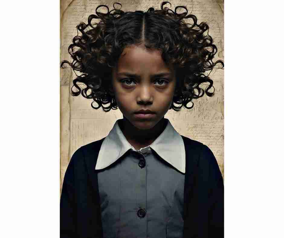 AI-generated image of unhappy little girl in dark gray uniform