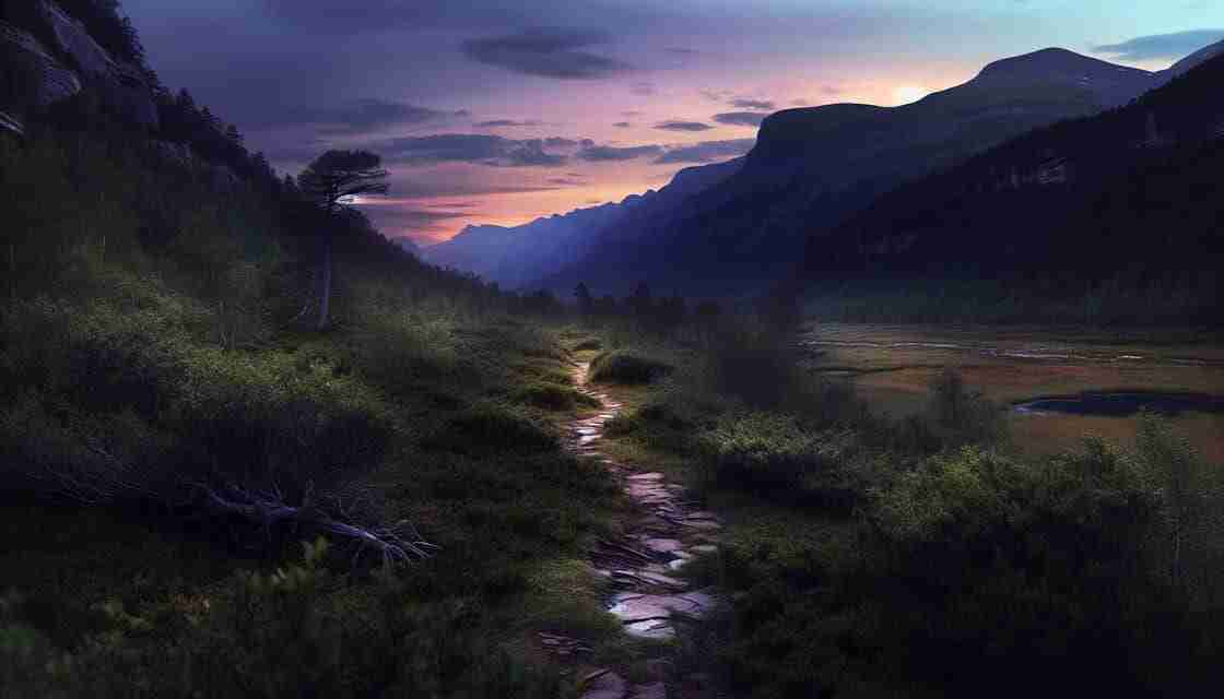 A nature scene with a sun rise over the mountain and a windy, rocky path through some undergrowth.
