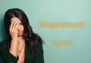 A woman with her head in her hands. The words "Disappointment quotes" are in gold against a light green background.
