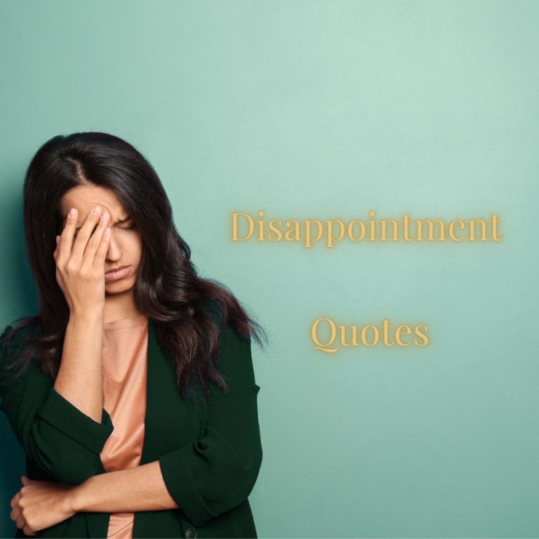 A woman with her head in her hands. The words "Disappointment quotes" are in gold against a light green background.
