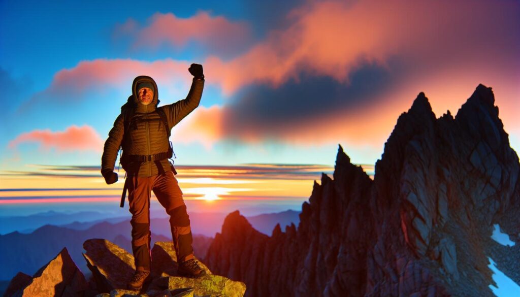 Person standing on a mountain peak, symbolizing overcoming adversity.