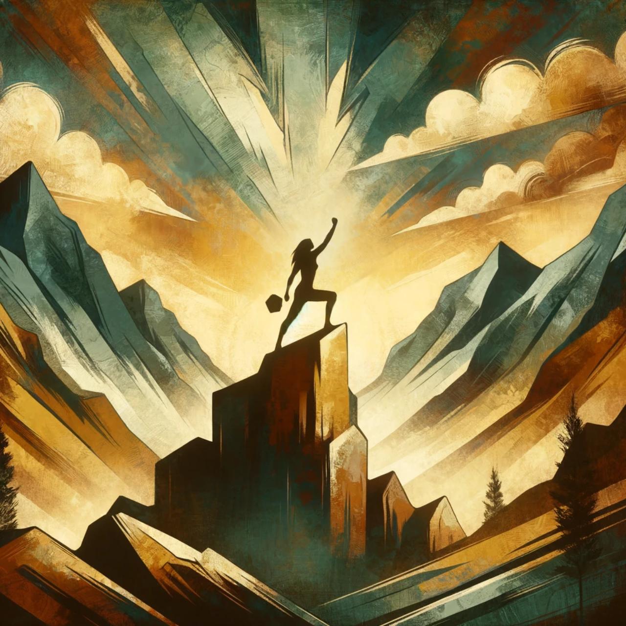 This image depicts a symbolic representation of resilience, such as a figure triumphantly standing on top of a mountain or overcoming a challenging barrier, in natural, earthy tones.