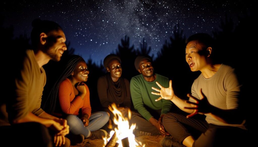 A group of diverse people sitting around a campfire, engaged in storytelling