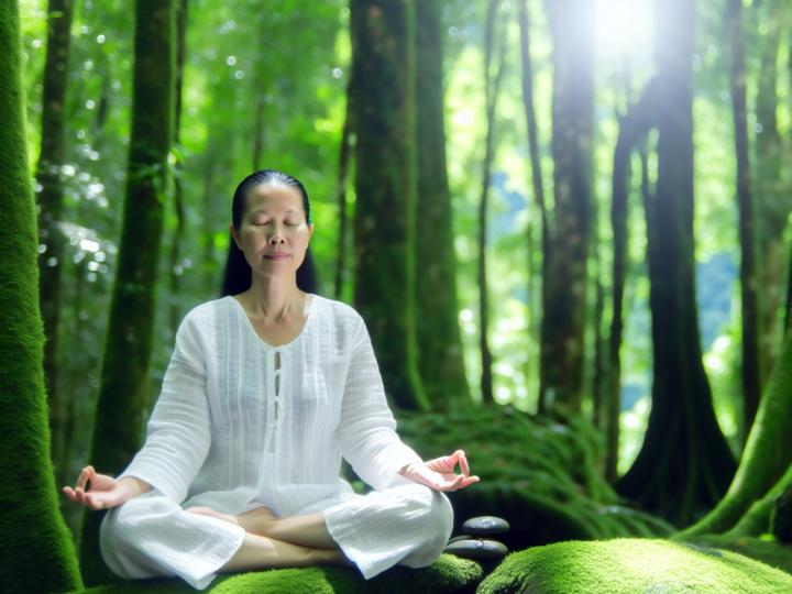 Person meditating in nature, representing inner strength and positive energy for her healing journey.