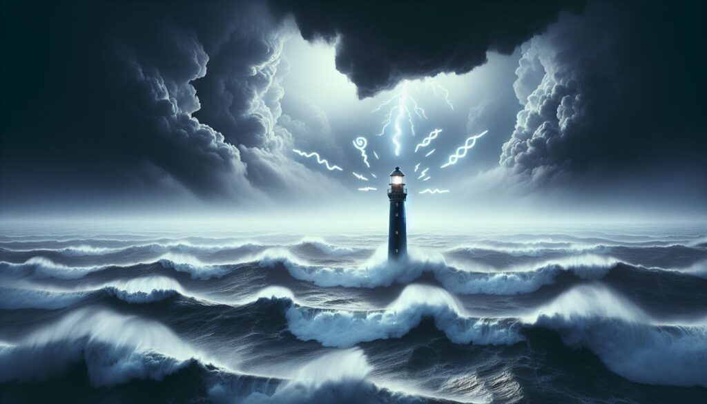 A background of a stormy sea with a light house representing the power of adversity quotes during storms and tough times.