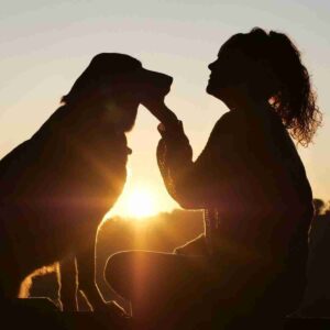 Photo of woman and dog silhouetted against setting sun. Photo by lokalsportessen from Pixabay