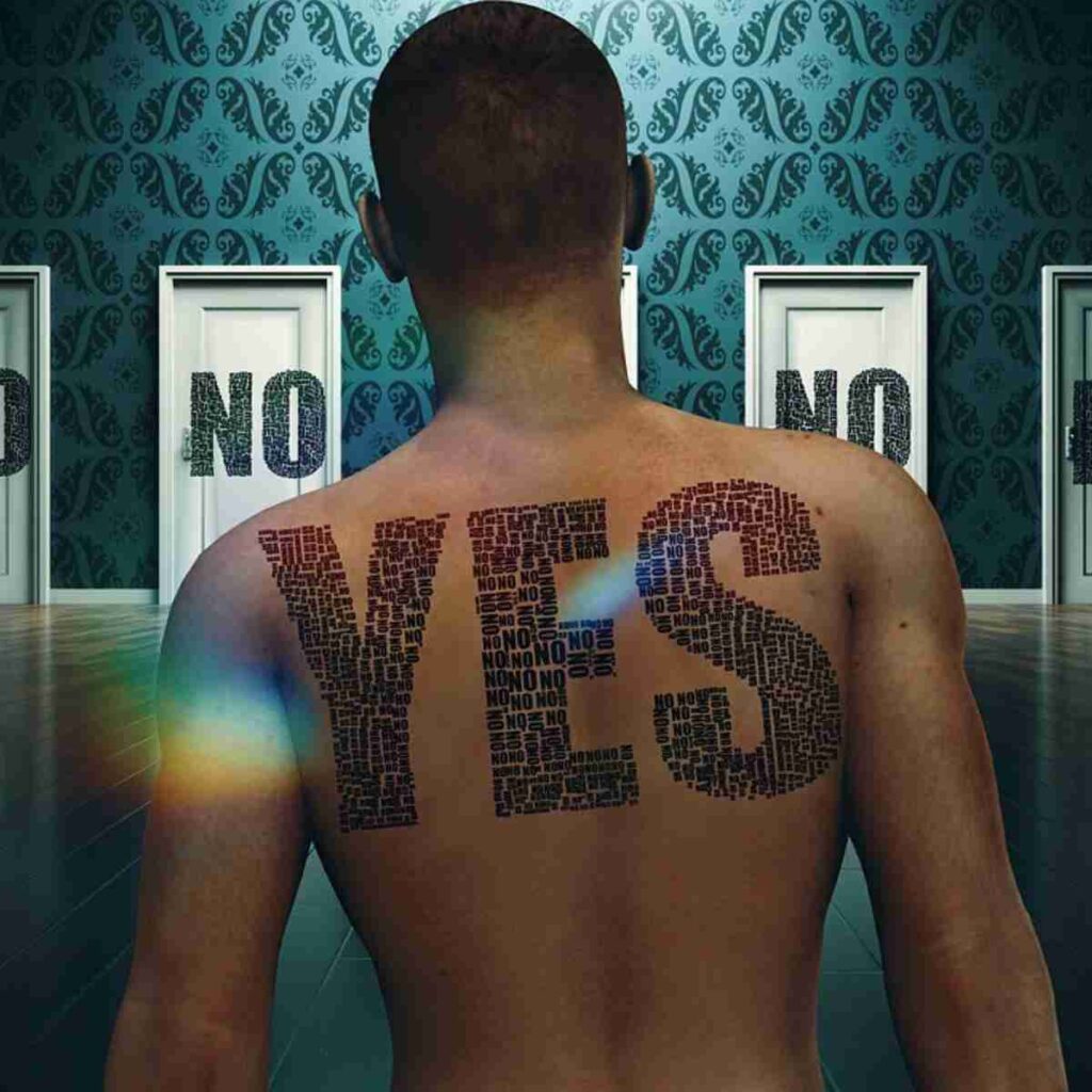 Image of a man in front of closed doors that say "no" while he has a "yes" written on his back. Image by Dante 🇦🇷 T from Pixabay