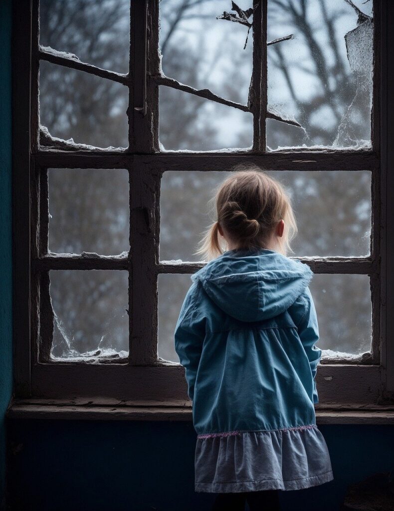 orphaned girl looking out window with cobwebs