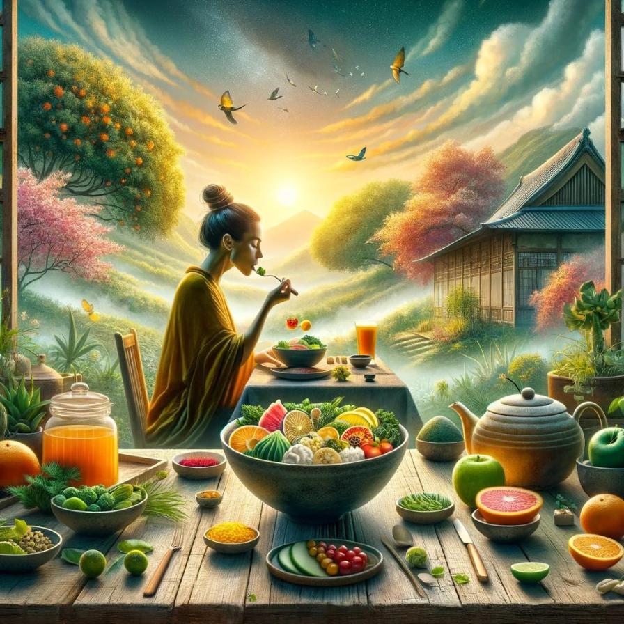 A photo of a woman in an Asian country side eating healthy foods, providing a visual for the following mindfulness quotes about eating.