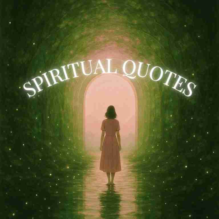 A woman in a pink dress stands at the entrance of a glowing green and pink forest tunnel, surrounded by shimmering lights and reflections in water, symbolizing inner peace and reflection. The scene evokes a sense of wonder and tranquility, aligning with the theme of spiritual quotes.