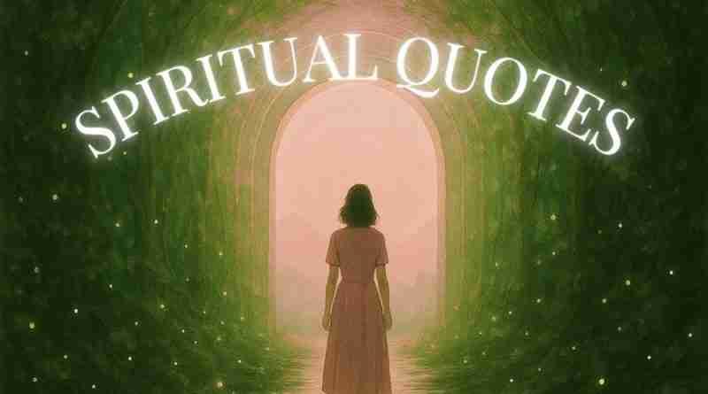 A woman in a pink dress stands at the entrance of a glowing green and pink forest tunnel, surrounded by shimmering lights and reflections in water, symbolizing inner peace and reflection. The scene evokes a sense of wonder and tranquility, aligning with the theme of spiritual quotes.