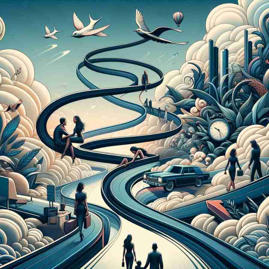Untitled-design-1 - Resilient Stories A metaphorical representation of life's unpredictable and complex journey towards personal fulfillment. There is a winding road going through various life milestones, like marriage, births, and careers.