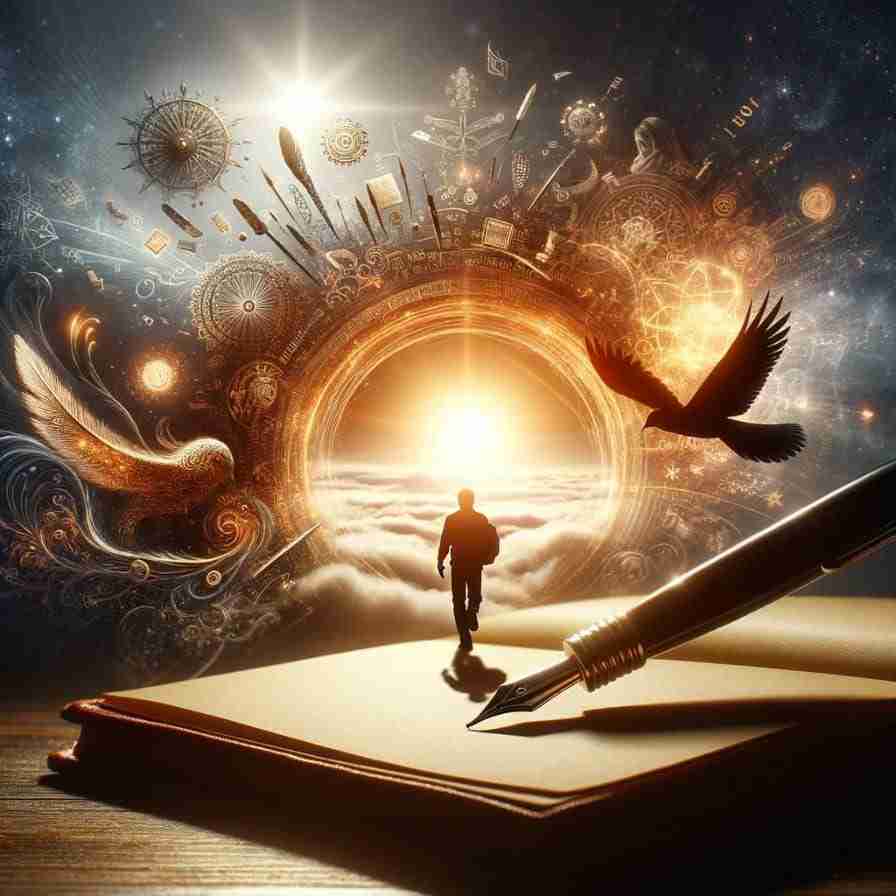Untitled-design-19 - Resilient Stories A figure walks into a portal in the sky surrounded by stories and books and pencils. A metaphorical illustration of when I found my why.