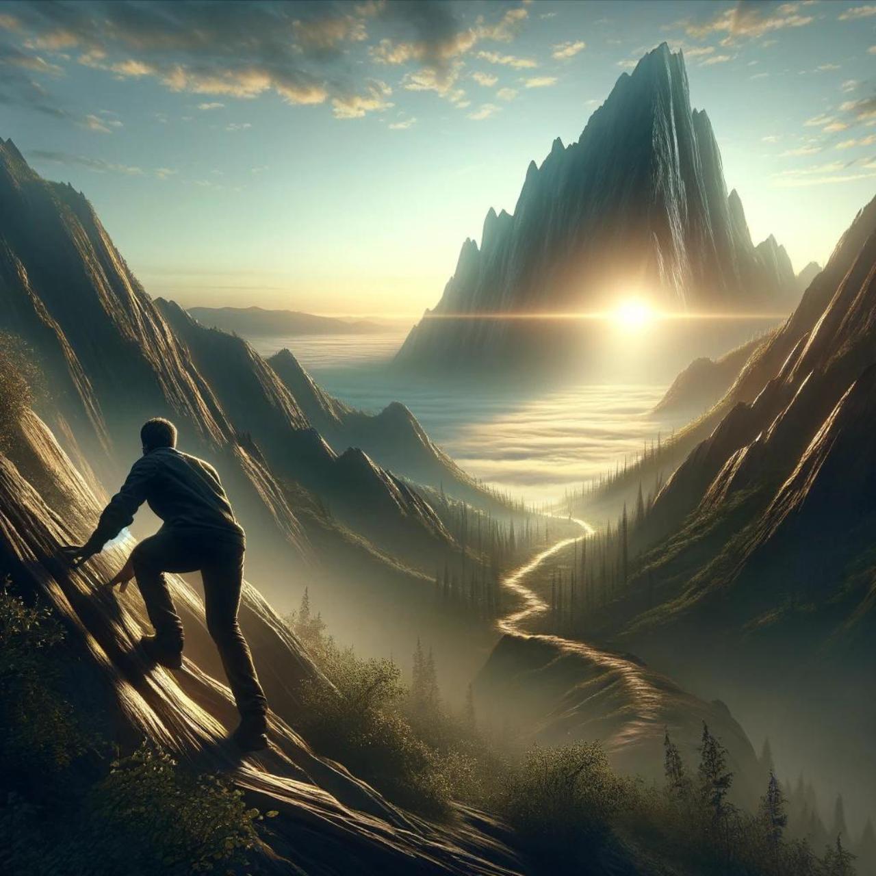 A person climbing a mountain, facing a challenging path with determination and strength. Set against a backdrop that symbolizes hope and progress, the individual's effort and resolve are clearly conveyed, embodying the concept of 'keep going when things are tough' within a natural and beautiful setting.