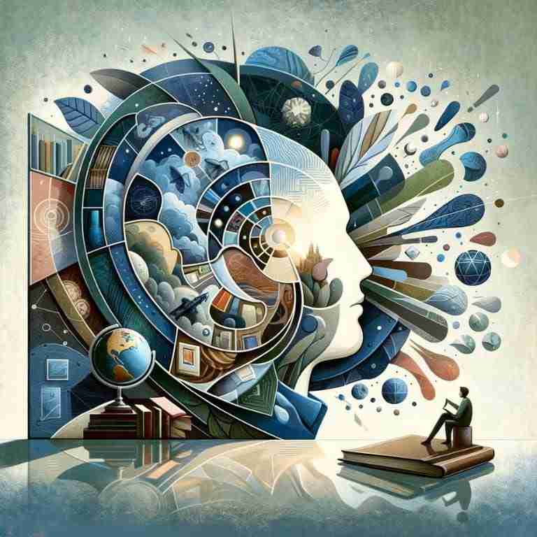 A visual representation of the concept of how the stories we tell ourselves shape our identity and worldview. It features a person looking into a mirror that reflects not just their physical appearance but also a collage of various scenes and elements.