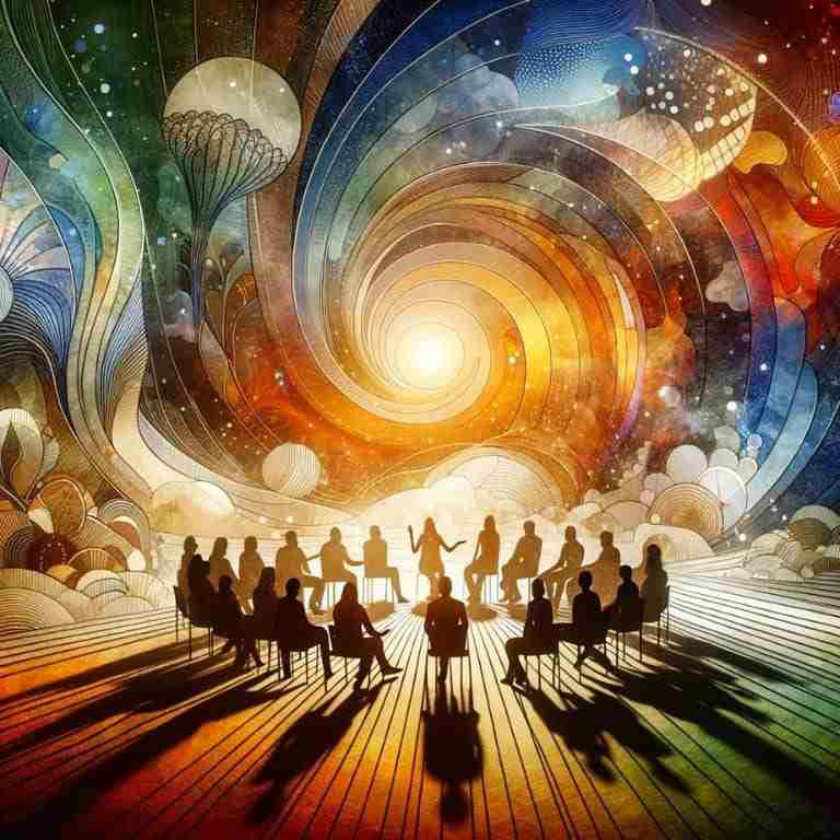 An image of a diverse group of people sitting in a circle, sharing stories in a timeless space that blends elements of nature and abstract forms. This symbolizes the universal and timeless nature of storytelling.