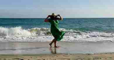 Woman in green dress on beach with hat wind blowing hair and dress. Image by Myléne from Pixabay