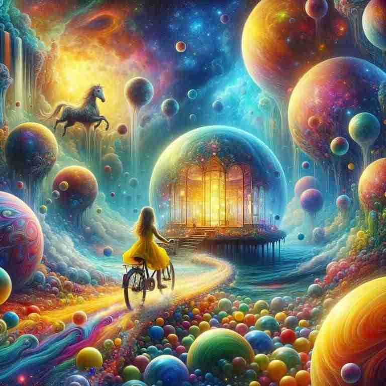 AI-generated image of a little girl in a yellow dress. She's riding a bicycle that magically transforms into a horse, set against a backdrop of vibrant, colorful bouncing ball planets leading towards a brilliantly lit glass house on the ocean floor.