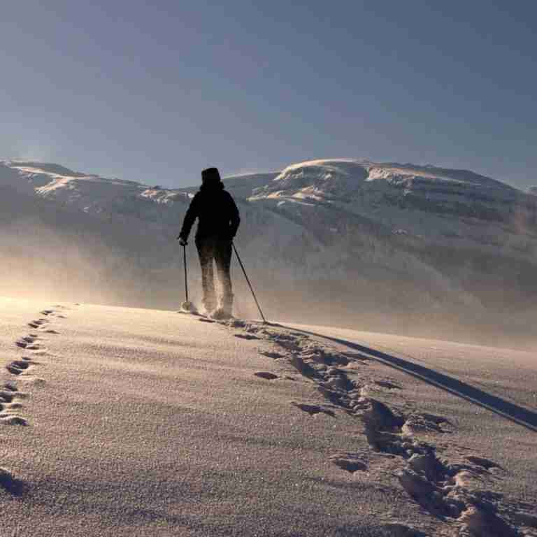 Image of person snowshoeing over a mountain by Walter Frehner from Pixabay