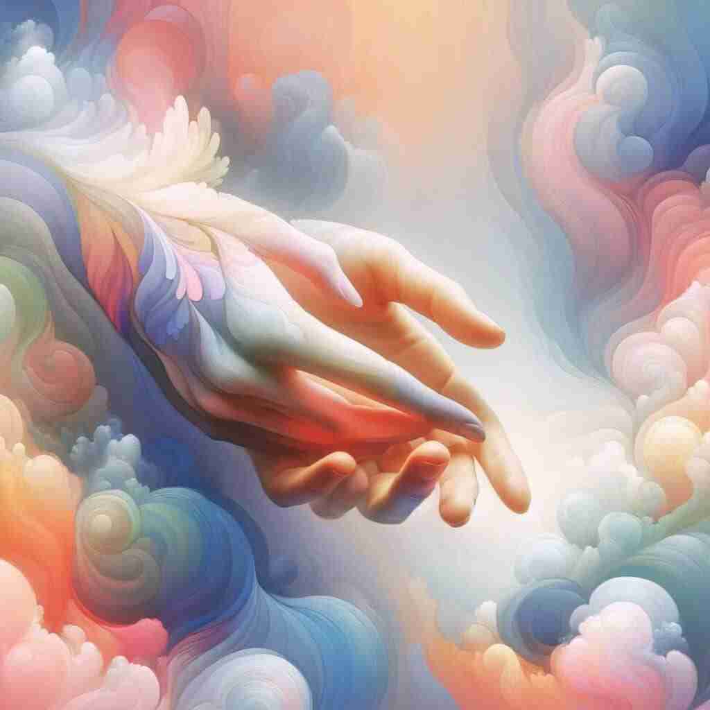 dharmafeatured - Resilient Stories Two hands reaching out of soft rainbow-colored clouds in service of their dharma