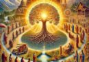 depiction of "ultimate dharma," capturing a harmonious scene of a glowing tree of life with people all around living their highest purpose