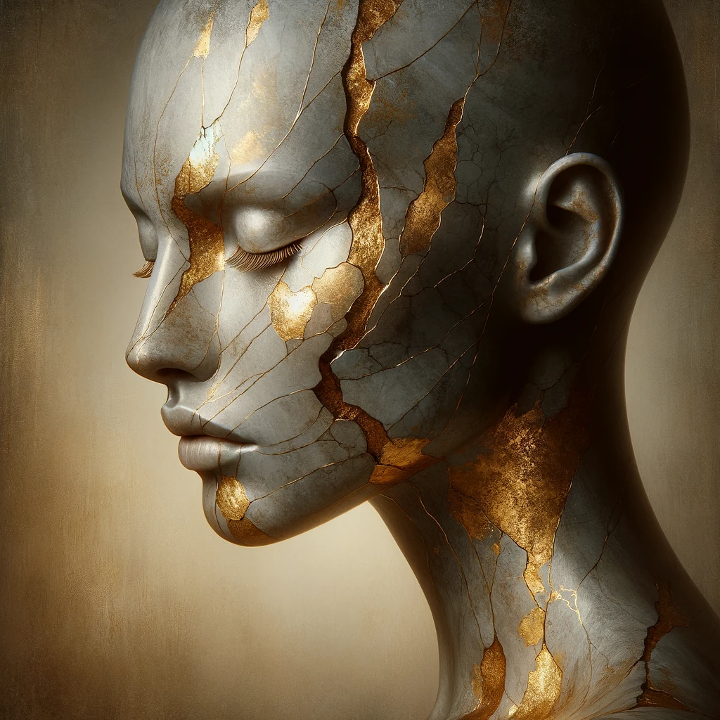 AI image of woman with broken face and cracks filled and mended with gold in Kintsugi fashion