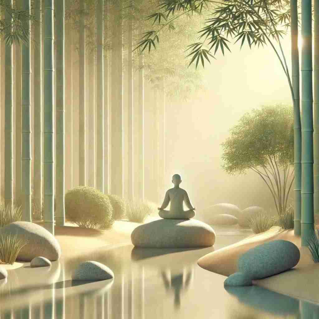 2 - Resilient Stories AI-generated image of clay-mold art: person sitting atop a rock in the middle of a stream, in a bamboo forest, meditating