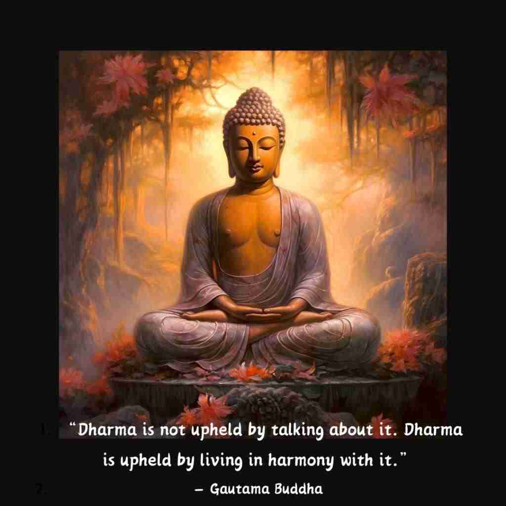 Dharma-buddha - Resilient Stories A golden Buddha sitting in meditaiton in a serene forest with pink lotus flowers and a dharma quote that reads "Dharma is not upheld by talking about it. Dharma is upheld by living in harmony with it."