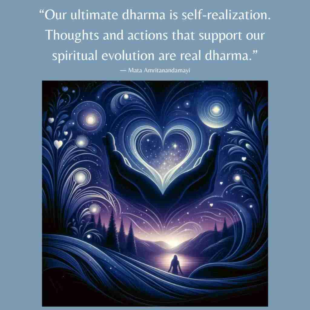 DharmaQ-Amirt - Resilient Stories AI-generated image of a woman looking up at a purple, blue, and black swirling sky full of stars and hearts, with two giant hands holding an illuminated heart with a quote that reads "Our ultimate dharma is self-realization. Thoughts and actions that support our spiritual evolution are real dharma."