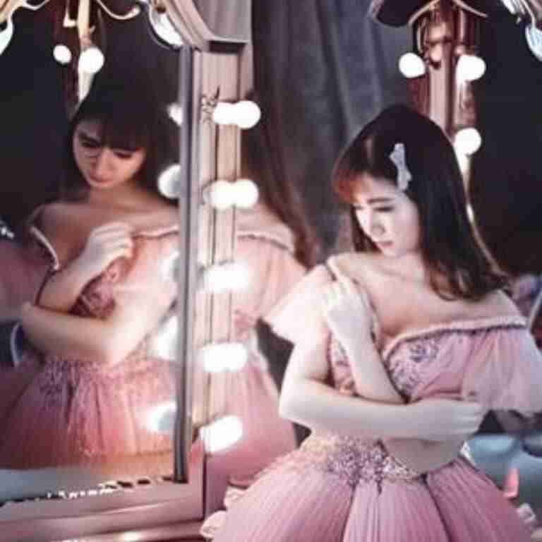 Asian woman dressed in pink dress looking in mirror with bright lights all around.