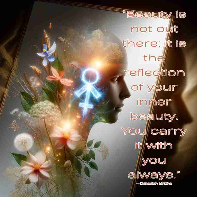 IBQuote-Mridha - Resilient Stories AI-generated image of a person's face reflected in a mirror with flowers growing from it and a bright blue non-binary symbol with an inner beauty quote that reads "Beauty is not out there; it is the reflection of your inner beauty. You carry it with you always. — Debasish Mridha
