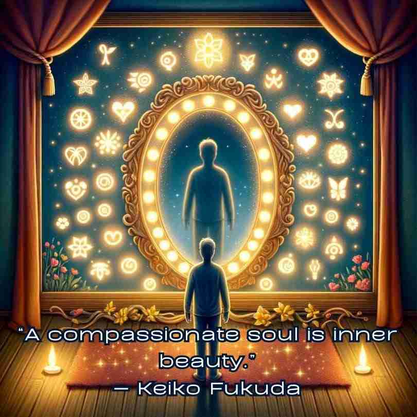 IBquote-fukuda - Resilient Stories AI-generated image of a man standing in front of a mirror in a candlelit room with symbols of kindness, compassion, and spirituality surrounding the mirror and an inner beauty quote by Keiko Fukuda that reads "A compassionate soul is inner beauty."