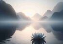 A serene lake with a single lotus flower floating in a foggy sunrise