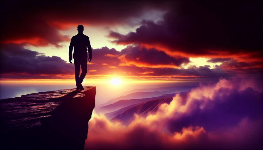 An AI generated image of a person stepping out of their comfort zone and arriving at the top of a mountain. Meant to represent the motivational aspect of these keep going quotes.