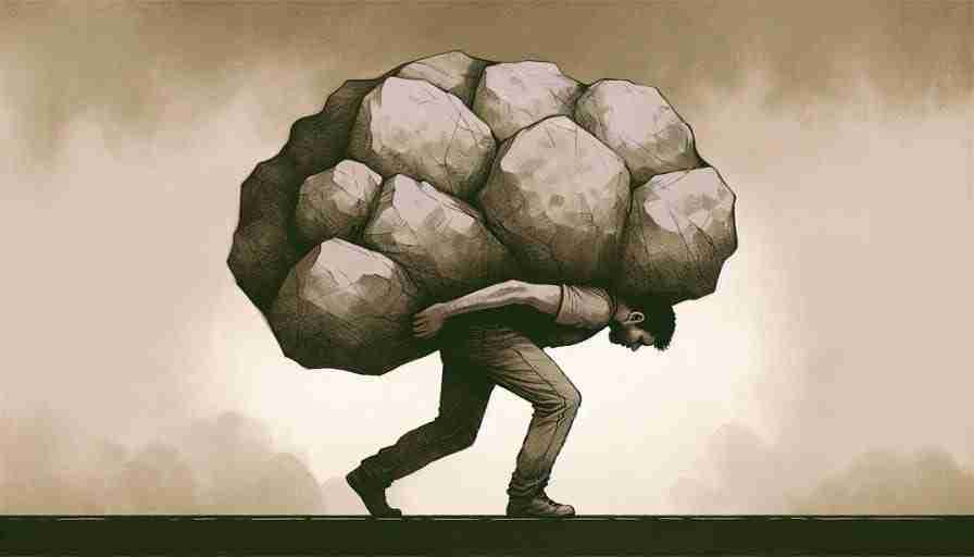 AI-generated image of a person struggling to carry a heavy weight on their back, depicting the heaviness of crippling depression