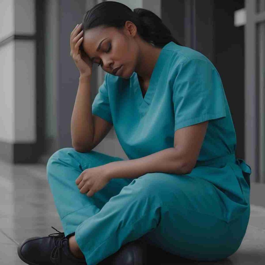 AI-generated image of a nurse sitting on floor, head in hand, feeling run down. Image by Gerd Altmann from Pixabay