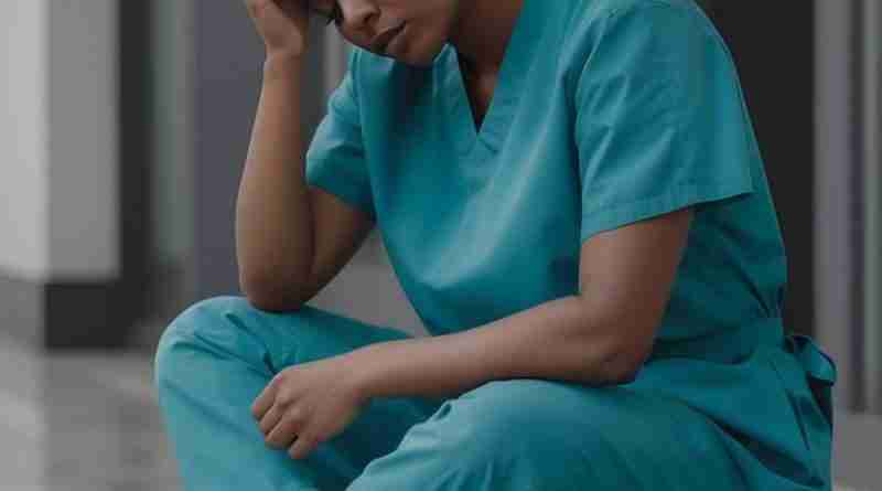AI-generated image of a nurse sitting on floor, head in hand, feeling run down. Image by Gerd Altmann from Pixabay