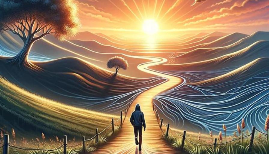 An image to encapsulate the philosophy of embracing life one day at a time, highlighting the journey of personal growth and resilience. A figure walking down a path surrounded by mountains toward the sun.