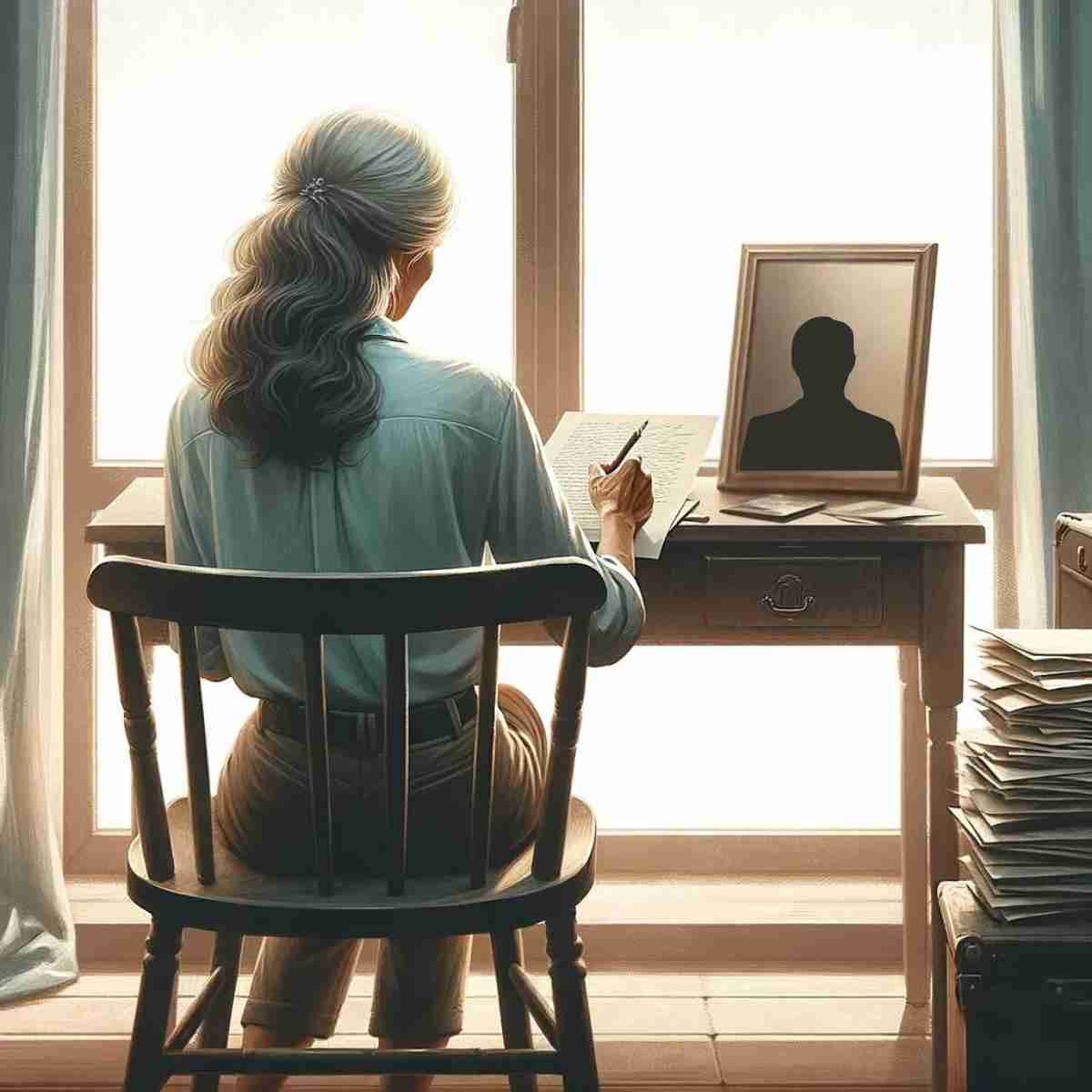 AI-generated image of a widow writing letters to her late husband