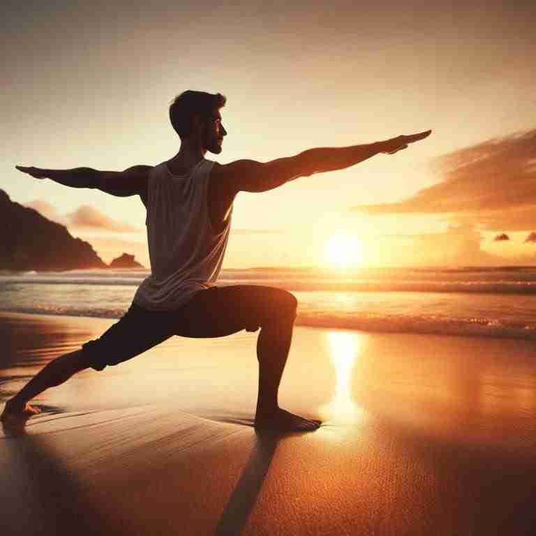 Yoga-for-Men-1 - Resilient Stories An AI generated image of a man practicing a warrior pose on a beach at sunset.